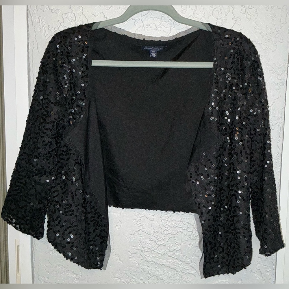 American Eagle Outfitters Black Open Front Cropped Sequined Jacket